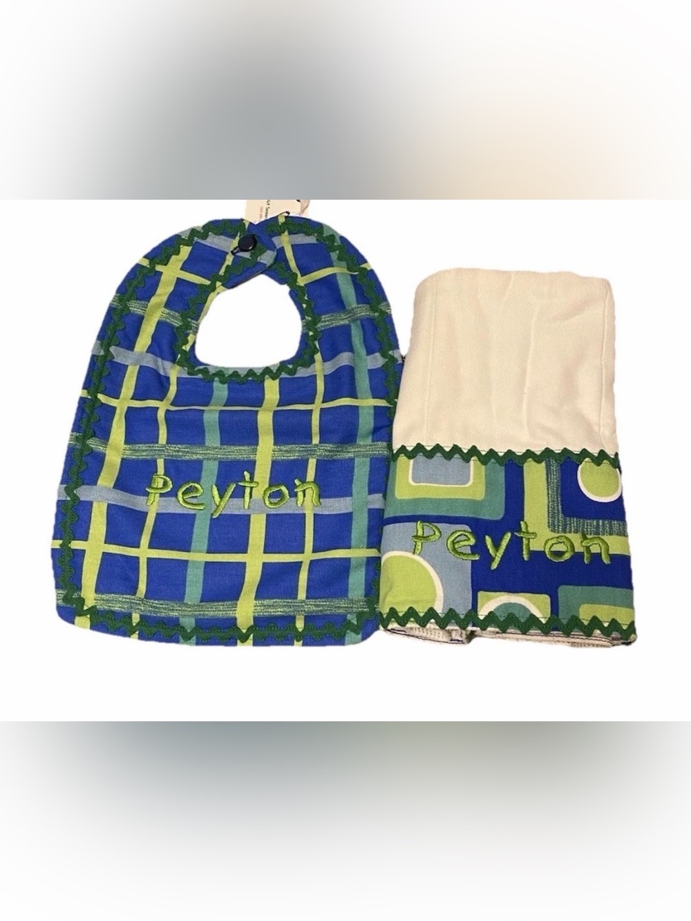 NWT Baby Boy Hand Made Hand Sewn Bib And Burp Cloth Set “Peyton”  Green Blue